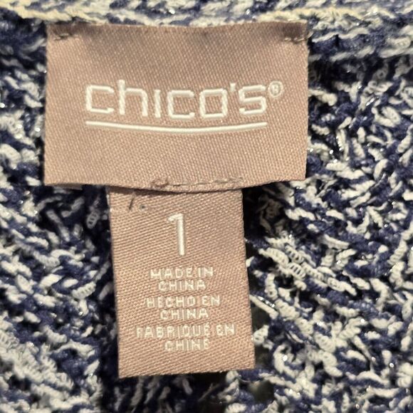 Chico's Womens Metallic Blue Crochet Cardigan Open Front  Sz 1 (M) - Sweater - Picture 8 of 8